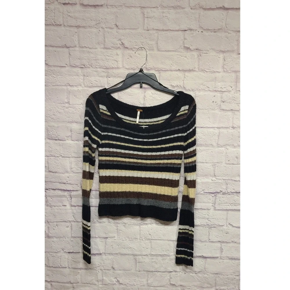 Free People Striped‎ Off The Shoulder Sweater Black Brown Cream Size Small - Picture 6 of 8